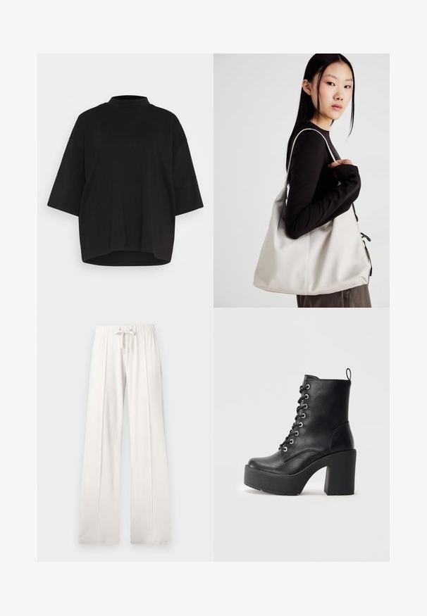 T-shirt preta de algodão com um decote alto, mangas curtas estilo morcego e um corte relaxado e boxy. Textura suave e bainha arredondada.; Calças de fato de treino beija claro, feitas de um tecido suave, com cintura elástica ajustável, pernas largas e costuras verticais, apresentando uma textura lisa.; Botim de pele preta até ao tornozelo com um salto bloco chunky, frente com atacadores e superfície texturizada. Apresenta uma lingueta na parte de trás para um uso fácil.; Uma bolsa bege feita de material macio, com um design descontraído, detalhes de costura e duas alças para o ombro. Adequada para uso diário.