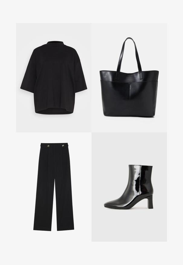 Črna bombažna majica s visokim ovratnikom, kratkimi šišmišastimi rokavi in sproščenim, kvadratnim krojem. Gladka tekstura in zaobljen rob.; Črne široke hlače s visokim pasom, gumbnimi detajli na pasu in sprednjimi gubami.; Črne lakirane gležnjarje z ošiljenim nosom in srednje visokim blokastim peto. Gladka tekstura in minimalističen dizajn.; Črna usnjena torba z dvema dolgima ročajema, gladko teksturo in strukturirano obliko. Ima sprednji žep za dodatno shranjevanje.