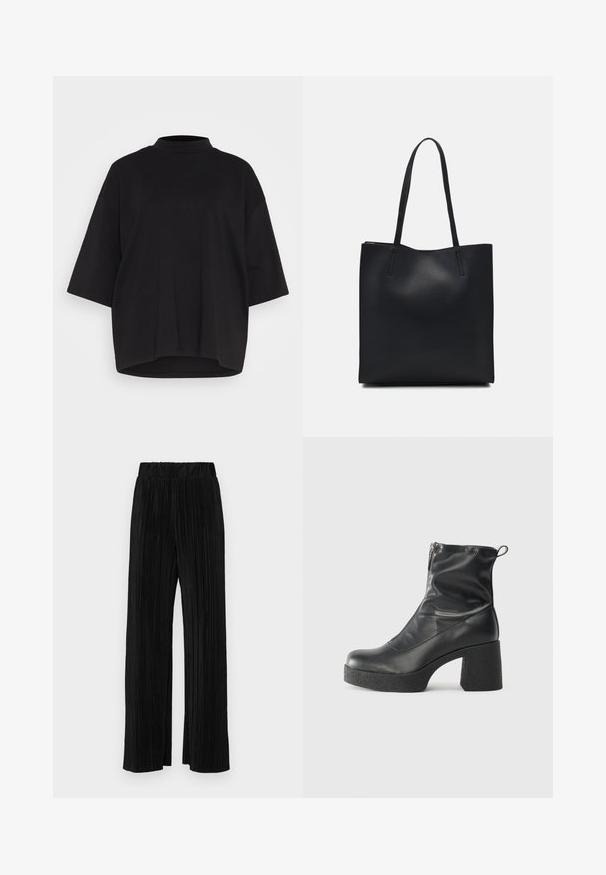 Black cotton t-shirt with a high neckline, short batwing sleeves, and a relaxed, boxy fit. Smooth texture and rounded hemline.; Black pleated trousers with an elastic waistband. Features wide legs and a smooth, textured fabric with vertical stripes.; Black ankle boots made of smooth leather, featuring a side zipper, chunky textured heel, and rounded toe design.; Black leather tote bag with smooth texture, rectangular shape, and two long handles. No visible hardware or embellishments.