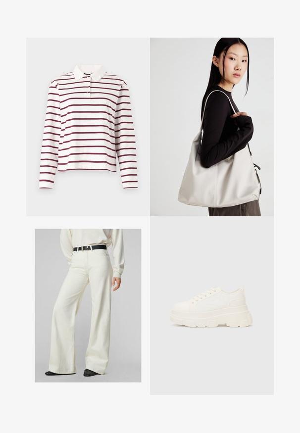 Wit langmouwige poloshirt met bordeauxrode horizontale strepen, voorzien van een klassieke kraag en knoopsluiting. Gemaakt van zacht katoen.; Breezy wijde crème jeans gemaakt van een katoenmix, met een hoge taille, zijzakken en een zwarte riem met een gouden gesp.; Witte canvas sneaker met een stevige zool, ronde neus en vijf gaatjes voor veters. Achterste tab voor gemakkelijk aan- en uittrekken. Vloeibare textuur, minimalistisch ontwerp.; Beige handtas gemaakt van zacht materiaal, met een slonzig ontwerp, gestikte details en twee schouderbanden. Geschikt voor dagelijks gebruik.