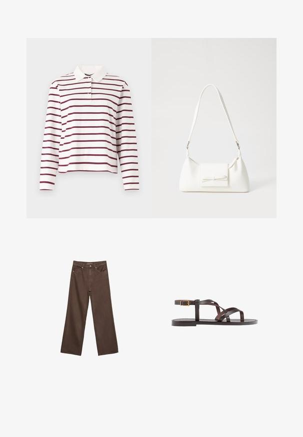 Biele polo tričko s dlhým rukávom a bordovými horizontálnymi pruhmi, s klasickým golierom a dizajnom s gombíkovou légou. Mäkký bavlnený materiál.; Džínsy s širokými nohavicami v hnedej farbe, vyrobené z denimu, so zvýšeným pásom, prednými vreckami a klasickým zapínaním na gombík. Hladká textúra s jemným prešívaním.; Hnedé kožené sandály s krížovými popruhmi, uzatváraním na pracku okolo členku a plochou podrážkou s minimálnymi ševmi.; Biela syntetická kabelka s trojuholníkovým tvarom, plochým predným klapkou a detailom mašle, nastaviteľným popruhom, hladkou textúrou a minimalistickým dizajnom.