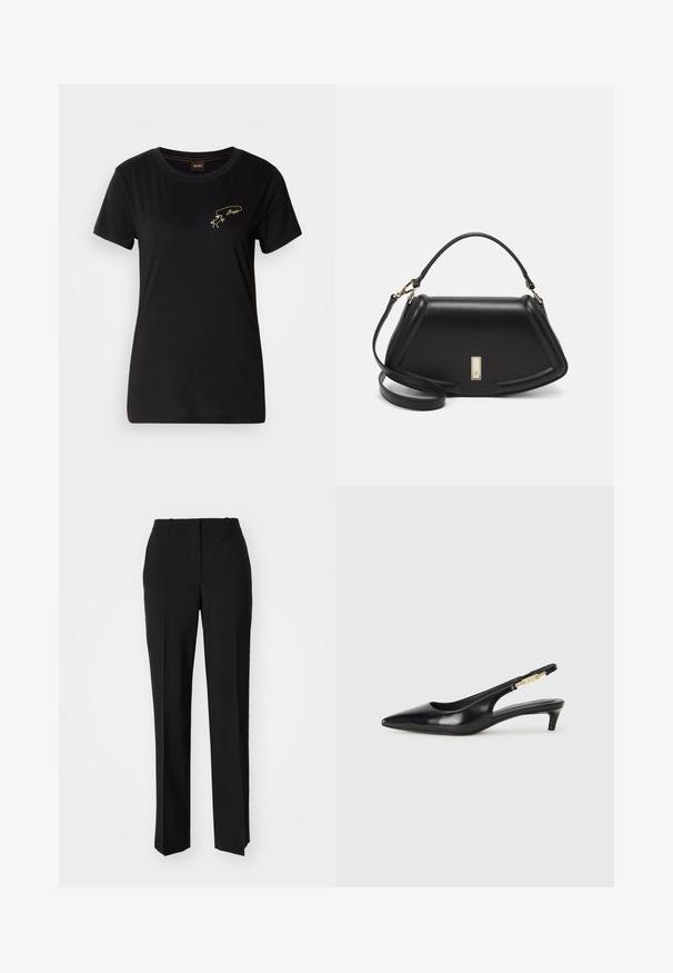 Sort bomulds t-shirt med rund hals og korte ærmer, prydet med gylden broderi af en figur og tekst på venstre bryst.; Sorte skræddersyede bukser med lige ben-design, der har en glat tekstur og skarpe folder langs fronten. Ingen synlige hardware.; Sorte læder slingback hæle med spids tå, der har en slank hæl og en guldfarvet detalje på den justerbare rem. Glat tekstur.; Sort læderhåndtaske med en struktureret design, der har en kortet form, tophåndtag og guld hardware-accenter. Justerbar skulderrem inkluderet.