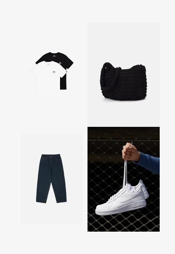 Kaksi pyöreäkaulaista t-paitaa: yksi valkoinen ja yksi musta. Molemmissa on pieni logo vasemmassa rinnassa. Valmistettu pehmeästä puuvillakankaasta.; Tummansiniset korkeavyötäröiset farkut, joissa on rento leikkaus. Niissä on viisi taskua ja nappikiinnitys. Valmistettu sileästä farkkukankaasta.; Valkoiset nahkasneakersit, joissa on rei'ityksiä, pyöreä kärki, tasapohja ja paksut nauhat, joissa on näkyvä swoosh-logo ja "AIR" kantapäässä.; Musta kangaspussi, jossa on teksturoitu, tikkikuvio. Pyöreä muoto, lyhyet, paksut kahvat ja pehmeä, joustava rakenne.
