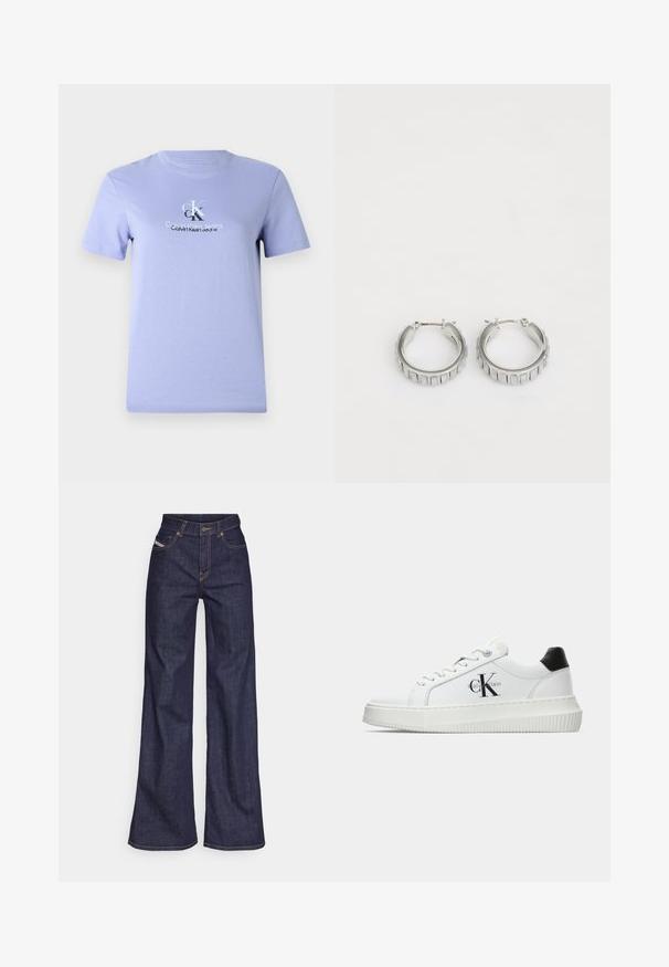 Lila bomba majica iz bombaža z okroglim izrezom, kratkimi rokavi in osrednjim logotipom v srebrni barvi. Gladka tekstura, klasičen kroj.; Temno modri široki kavbojke iz denima z visokim pasom, ki imajo oranžne šive, pet žepov in gumba za zapiranje.; Bele nizke superge z črnim hrbtnim delom, platformo, vezalkami in Calvin Klein "CK" logotipom na strani.; Srebrni obroči s teksturiranim dizajnom, ki vsebuje navpične rebraste vzorce. Krožna oblika z varnim zapiranjem na zaponko. Gladek zaključek.