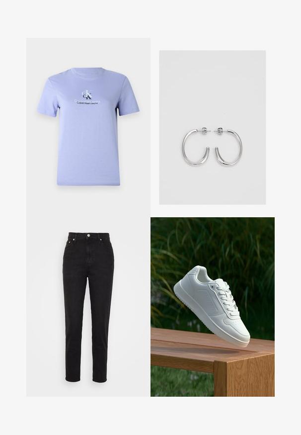 T-shirt in cotone lilla con collo a giro, maniche corte e stampa centrale del logo in argento. Texture liscia, vestibilità classica.; Jeans neri a vita alta slim-fit con bottone frontale, passanti per cintura e design a cinque tasche su sfondo bianco.; Sneaker bianco con tomaia in sintetico liscio, punta perforata, lacci piatti e suola testurizzata, esposto su una superficie di legno.; Orecchini a cerchio in argento con una finitura liscia e lucente. Forma arrotondata, design leggero, con chiusura a perno.