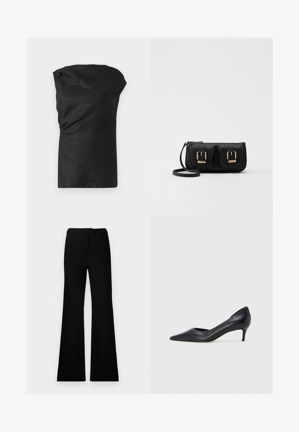 Svart ermeløs topp i et lett, teksturert stoff. Har en drapert halslinning og en avslappet passform med rett nederkant.; Sorte vide bukser med jevn tekstur, skreddersydd linning og frontlommer, designet med en slank, moderne silhuett.; Sort lærpumps med spiss tupp og lav hæl. Har en jevn tekstur og subtil glans. Åpen utskjæring foran for ekstra detalj.; Svart skinn crossbody veske med to frontlommer, gyldne spenner, glidelåslukking og en slank stropp. Teksturert overflate og kompakt rektangulær form.