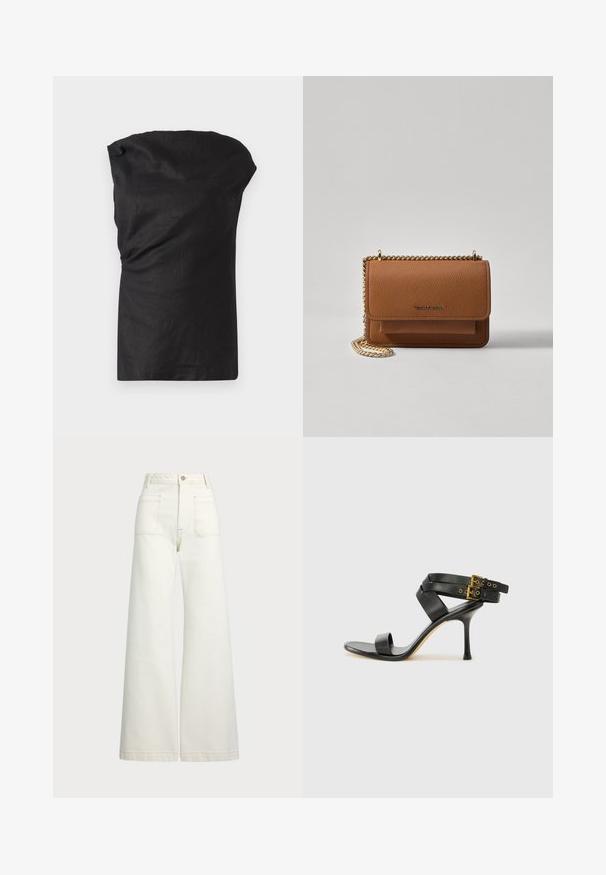 Fekete ujjatlan felső könnyű, texturált anyagból. Laza fazonnal rendelkezik, drapált nyakkivágással és egyenes aljjal.; Széles szárú farmernadrág off-white denim anyagból. Magas derekú dizájn, gombos záródással, két elülső zsebbel és kontrasztos varrási részletekkel.; Fekete magassarkú szandál keresztpántos dizájnnal és állítható csattal. Simább felülettel és hegyes tűsarkúval rendelkezik.; Barna textúrájú bőr keresztbody táska arany lánc pánttal és fedélzárral. Az elején logó részlet és egy zseb található a fedél alatt.