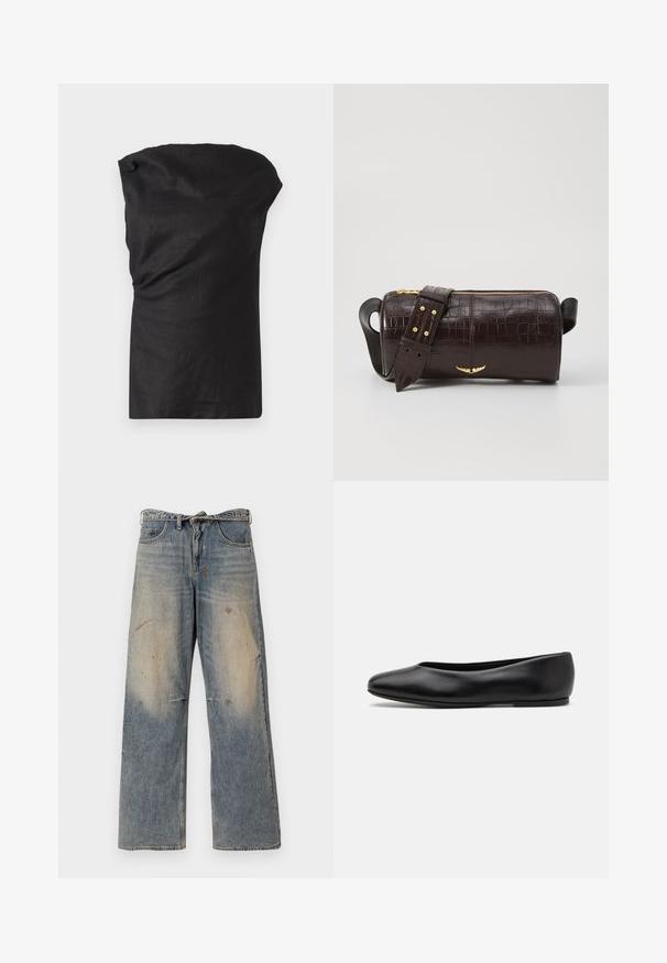 Črna brezrokavnik iz lahkega, teksturiranega materiala. Ima drapiran izrez in sproščen kroj z ravnim robom.; Svijetloplave traperice s labavim ravnim krojem. Imaju izbledele detalje, tragove habanja i oštećenja u području koljena. Klasičan stil s pet džepova.; Paul Smith TOPANGA - Balerinke - black; Brah blaženka iz rjavega usnja z embosiranim krokodilom, cilindrične oblike, zlatih kovinskih elementov in odstranljivim pasom, ki vsebuje žebljičke.