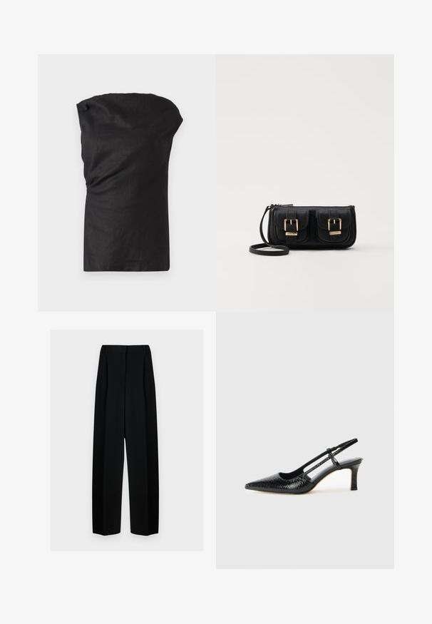 Fekete ujjatlan felső könnyű, texturált anyagból. Laza fazonnal rendelkezik, drapált nyakkivágással és egyenes aljjal.; Fekete, széles szárú nadrág magas derékkal, redők és sima textúra jellemzi. Az anyag könnyűnek tűnik és elegánsan hullámzik.; Fekete lakk slingback sarok, hegyes orral, texturált kígyómintával, állítható pánttal és rövid, texturált tömbsarkal.; Fekete bőr keresztbody táska két elülső zsebbel, arany csattokkal, cipzáras záródással és vékony pánttal. Textúrált felület és kompakt téglalap alak.