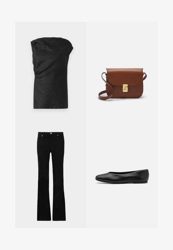 Top preto sem mangas em um tecido leve e texturizado. Apresenta um decote drapeado e um ajuste relaxado com uma bainha reta.; Calças pretas de ganga em corte flare, com dois bolsos frontais, fecho com botão e uma textura suave. Costura característica visível nas costuras.; Paul Smith TOPANGA - Sabrinas - black; Bolsa de couro castanho com fecho de aba, decoração em tom dourado, alça de ombro e textura suave. Formato retangular compacto.