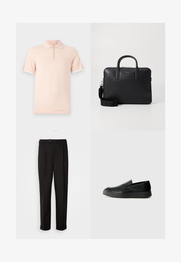 Heledane roosa polosärk, millel on lühike tõmblukk ja kontrastsed valged aksessuaarid varrukatel ja krael.; Mustad püksid siledast kangast, sirge lõikega, kahe esipocketiga ja ühe nööbiga vöökoha kinnitamiseks.; Calvin Klein HYBRID CUP - Jalga libistatavad jalanõud - triple black; Musta nahast portfell, millel on tekstuuriga viimistlus, kahekordsed käepidemed, eemaldatav õlarihm ja esipaneelile logo detail. Lukuga sulgemine.