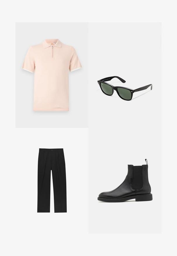 Polo shirt van lichtroze stof, met een korte rits sluiting en contrasterende witte accenten op de mouwen en de kraag.; Zwarte broeken met een recht model, gemaakt van een gladde stof. Voorzien van een voorplooien en een enkele knoopsluiting bij de taille.; Zwarte leren enkelboot met een gladde textuur, elastische zijpanelen en een trekhaak. Ronde neus en platte rubberen zool met minimale profiel.; Zwarte plastic zonnebril met groene lenzen, vierkante montuur, zilveren accent op de wenkbrauw en een gestructureerde tempel. Merken vermeld op de binnenkant van de arm.