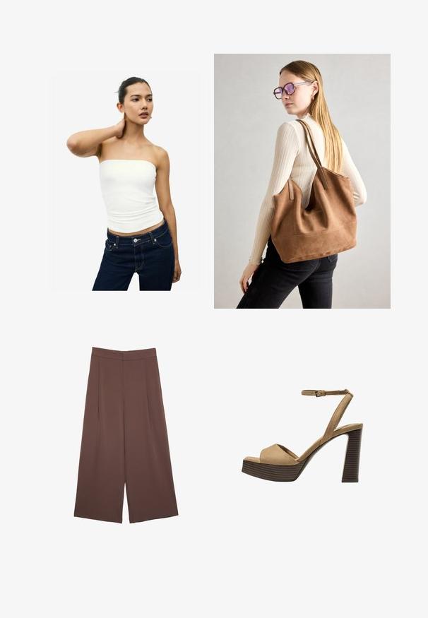 Biely top bez ramienok vyrobený z hladkého materiálu. Upevnený strih s riaseným textúrou v oblasti pása. V kombinácii s tmavomodrými džínsami.; Hnedé nohavice so širokými nohavicami a hladkou textúrou, s vysokým pásom a prednými skladmi. Tkanina je ľahká a voľne sa pohybuje.; Bežové semišové sandále na vysokom opätku s širokým predným pásom a pásikom okolo členka, ktoré majú masívny drevený blokový opätok s textúrovaným povrchom.; Hnedá semišová taška na rameno s mäkkou textúrou, veľkým otvorom a dlhými popruhmi. Má jednoduchý dizajn s viditeľným šitím a bez kovových prvkov.