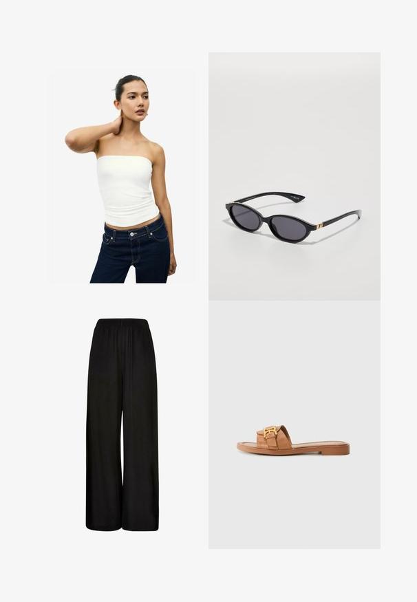 Valkoinen olkaimeton paita, joka on valmistettu sileästä materiaalista. Tiukka malli, jossa on rypytetty rakenne vyötäröllä. Yhdistetty tummansinisiin farkkuihin.; Mustat leveät housut, jotka on valmistettu sileästä kankaasta. Ominaisuuksiin kuuluu joustava vyötärönauha ja väljät, valuva istuvuus mukavuutta ja liikkumisen helppoutta varten.; Ruskea nahkainen liukuva sandaali, jossa on leveä nauha, kultaiset yksityiskohdat, tasapohja ja minimalistinen muotoilu. Sopii rentoon käyttöön.; Mustat aurinkolasit, joissa on ovaalit linssit, tummat sävygradientit ja kapeat varret, joissa on hienovaraiset kultaiset yksityiskohdat. Sileä muovipinta.; Kangaskassi, jossa on sarjakuvakarhu vihreässä huivissa ja bleiserissä, ruskeat nahkaremmit. Valkoinen tausta, painettu kuvio.