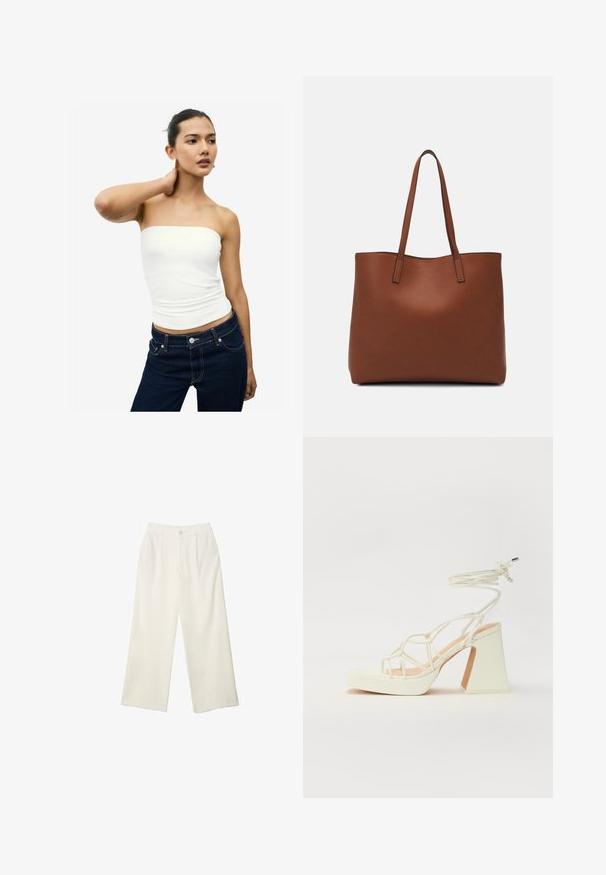 Bílý bezramínkový top vyrobený z hladkého materiálu. Přiléhavý střih s nařasenou strukturou v oblasti pasu. Kombinovaný s tmavě modrými džíny.; Široké kalhoty z krémové látky s hladkým povrchem, s jediným předním knoflíkem, jemnými skladbami a vysokým pasem.; Bílé sandály na vysokém podpatku s robustním podpatkem, s designem s pásky a zavazováním kolem kotníku. Hladký povrch s platformou vpředu pro zvýšení výšky.; Hnědá kožená taška přes rameno s hladkou texturou, otevřeným designem a dvěma ramenními popruhy. Obsahuje minimální švy a žádné viditelné kovové prvky.