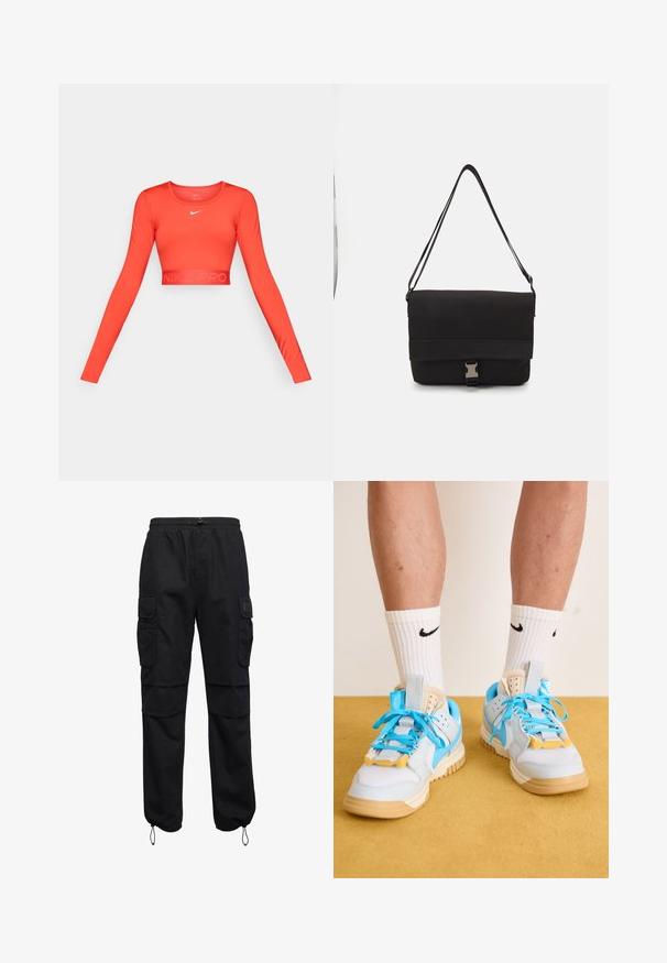 Punainen pitkähihainen lyhyt urheilu paita, joka on valmistettu joustavasta kankaasta. Paidassa on pyöreä pääntie ja brändätty elastinen helma, jossa on hienovarainen "NIKE PRO" -teksti.; Mustat cargo-housut joustavalla vyötärönauhalla, kiristysnyörillä varustetut lahkeensuut ja useita läppätaskuja jokaisessa lahkeessa.; Vaaleansinisiä lenkkareita, joissa on vaaleanruskeat pohjat, erottuvat turkoosit narut ja keltaiset korostukset. Teksturoitu materiaali ja näkyvät ilmapatjaukset.; Musta viestintälaukkua, joka on valmistettu sileästä materiaalista. Laatikko sisältää taitettavan kannen, hopeiset soljet ja säädettävän olkahihnan.