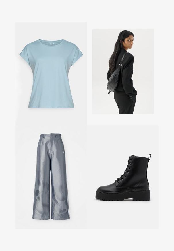 Svetlo modré tričko s krátkym rukávom vyrobené z mäkkej látky. Má okrúhly výstrih, voľný strih a prešité okraje. Bez vzorov alebo ozdôb.; Široké nohavice z lesklého šedého materiálu, s bielymi bočnými pruhmi a plamenným vzorom na dolnej časti nohavíc. Zapínanie na gombík a zips v páse.; Čierne kožené členkové topánky s hrubou, textúrovanou podrážkou, okrúhlou špičkou a kovovými očkami na šnúrky. Obsahujú pútko na zadnej strane.; Žena s dlhými tmavými vlasmi, oblečená v čiernom obleku, nesúca čiernu koženú kabelku na ramene, pozerajúca cez rameno na bielom pozadí.