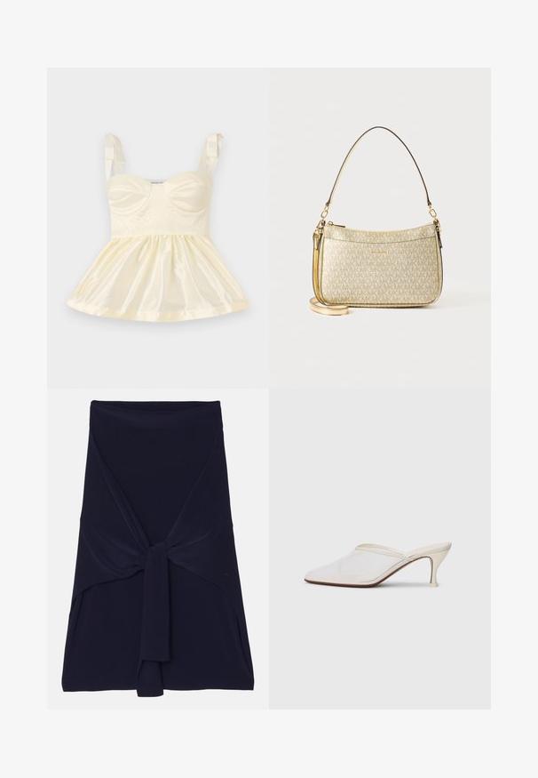 Šviesiai geltona satino palaidinė su prigludusia liemenėle, raukšlėta sijonu ir juostelėmis. Priekyje matomi tekstūruoti akcentai.; Tamsiai mėlyna apvyniota sijonas, pagamintas iš minkštos, tamprios medžiagos su surištu dizainu priekyje, turintis lygų paviršių ir pritaikytus kraštus.; Baltos tinklelio smailiakojės mules su plonu vidutinio aukščio kulnu ir užkulnio dizainu ant vientiso fono.; Auksinės tekstūros rankinė su lygiu odiniu dirželiu, turinti užtrauktuką ir subtilų logotipo raštą spausdintą ant paviršiaus.; Aukso tono sagė, pasižyminti mazgo dizainu su glotniais, kreivais linijomis ir sudėtinga forma, atspindinčia poliruotą paviršių.