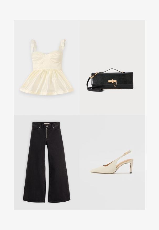 Svetlo rumena satenska bluzo z oprijetim korzetom, nabranim krilom in trakovi na ramenih. Na sprednji strani so vidne strukturirane podrobnosti.; Široke traperice iz črnega denima z zadrgo spredaj, petimi žepi in diskretnimi šivi. Gladka tekstura in ležeren slog.; Bež usnjeni petni čevlji s koničastim nosom, odprtim stranskim dizajnom in ozkim visokim peto. Imajo zlat poudarek na traku.; Črna torbica z zadrgo z teksturiranim zaključkom, zlatim verižnim ročajem in zaponko. Pravokotna oblika z elegantnim, minimalističnim dizajnom.