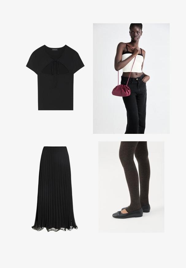 Top corto negro de manga corta con escote redondo, que presenta un detalle de corte y cierre con lazo en la parte delantera. Hecho de tejido suave y ligero.; Camiseta blanca de manga corta con escote en V, que presenta un delicado borde de encaje en el cuello y los bordes de las mangas, fabricada con tejido ligero.; Falda maxi plisada negra hecha de un tejido liviano con un diseño fluido. Cuenta con un dobladillo con volantes y una cinturilla elástica para mayor comodidad.; Zapatos planos negros con un pequeño lazo en la punta, combinados con medias de punto en marrón oscuro. Los zapatos tienen una textura suave y un perfil bajo.; Bolso de tela suave en burdeos con un diseño fruncido y una correa larga, usado cruzado. La modelo lleva una camiseta corta blanca y jeans negros.