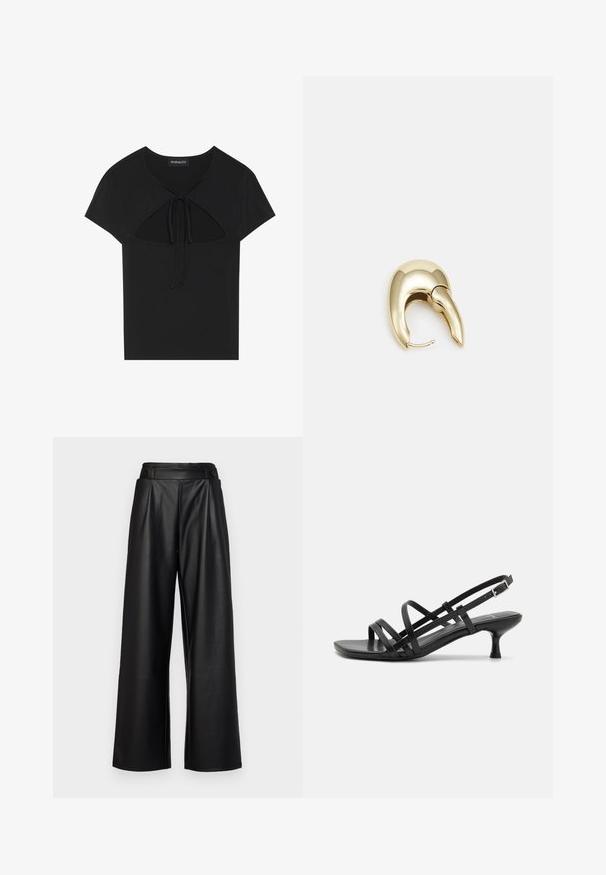 Čierny top s krátkym rukávom a okrúhlym výstrihom, s výrezom a viazaním vpredu. Vyrobené z jemného, ľahkého materiálu.; Čierne široké nohavice z kože s vysokým pásom, skladmi a dvoma kruhovými gombíkmi na prednej strane na zapínanie.; Čierne sandále na podpätku s viacerými prekríženými remienkami. Hladký materiál, špicatá špička a úzky podpätok. Nastaviteľný remienok okolo členka s prackou.; Náušnice z kovu v zlatej farbe s elegantným, zakriveným dizajnom. Majú charakteristický špicatý tvar, leštený povrch a uzáver na pánt.