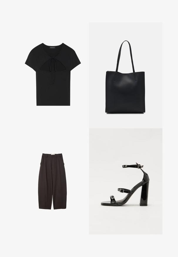 Crni top kratkih rukava s okruglim izrezom, s detaljem izreza i vezanjem sprijeda. Izrađen od mekog, laganog materijala.; Crne široke hlače napravljene od glatke tkanine, s visokim strukom, prednjim nabranjima i bočnim džepovima. Jednostavan dizajn bez ukrasa.; Crne lakirane sandale na visoku petu s dva remena s kopčama, kvadratnim vrhom i masivnom blok petom, s glatkom, sjajnom teksturom.; Crna kožna torba za nošenje s glatkom teksturom, pravokutnim oblikom i dvije duge ručke. Nema vidljivih metalnih dijelova ili ukrasa.