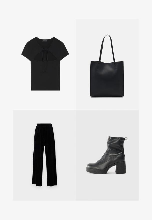 Melna īsām piedurknēm augšdaļa ar apaļu kakla izgriezumu, kurai ir izgriezuma detaļa un sasienama aizdare priekšā. Izgatavota no mīksta, viegla auduma.; Melni platajā stila bikses, izgatavotas no mīksta samta, ar elastīgu jostu un gludu tekstūru, bez redzamām detaļām vai rakstiem.; Melni potītes zābaki, kas izgatavoti no gludas ādas, ar sānu rāvējslēdzēju, masīvu strukturētu papēdi un noapaļotu purngalu.; Melnas ādas somiņa ar gludu tekstūru, taisnstūra formu un divām garām rokturiem. Nav redzamu aparatūras vai rotājumu.