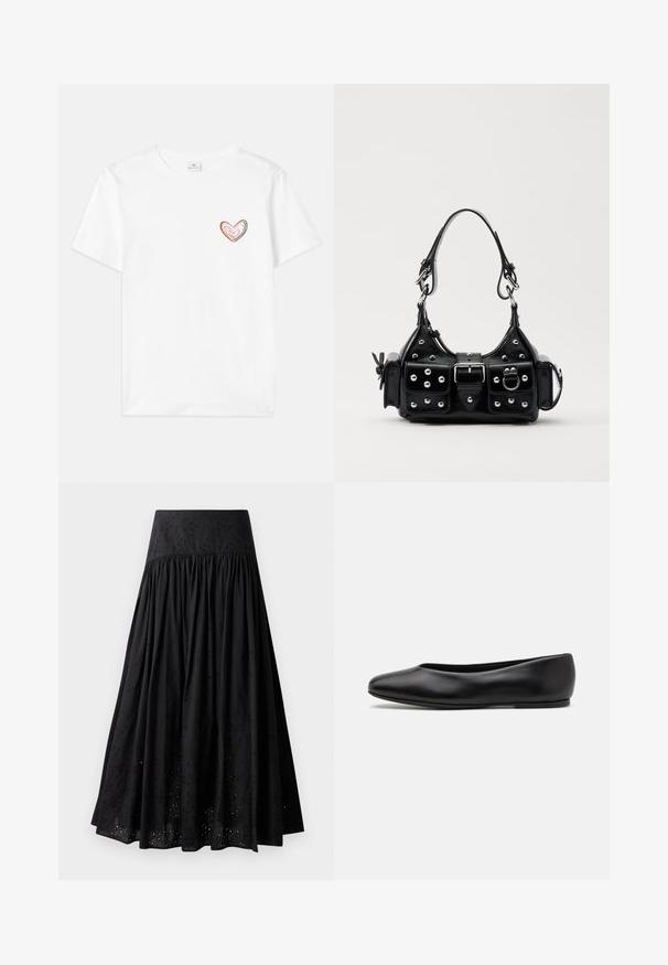 T-shirt en coton blanc avec un design de cœur multicolore sur la poitrine gauche. Manches courtes et col rond classique.; Jupe maxi noire en coton avec une ceinture brodée. Présente un tissu froncé et des détails en œillets le long de l'ourlet.; Paul Smith TOPANGA - Ballerines - black; Sac à main en cuir noir au design courbé, avec des clous en argent, une boucle et deux poches latérales. Bandoulière réglable pour différentes options de transport.