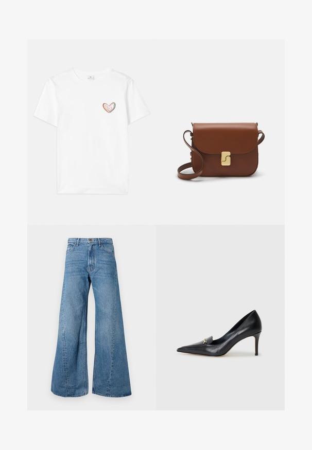 Fehér pamut póló, amelyen egy színes szív minta található a bal mellen. Rövid ujjak és klasszikus kerek nyakkivágás jellemzi.; Magas derekú, széles szárú kék farmernadrág, klasszikus öt zsebes stílusban, enyhe kopással a textúráért.; Fekete bőr magassarkú cipő hegyes orral, alacsony dekoltázzsal és díszes arany részlettel. Stiletto sarokkal és sima felülettel rendelkezik.; Barna bőr kézitáska, hajtókás zárással, arany színű fém kiegészítőkkel, vállpánttal és sima felülettel. Kompakt téglalap alakú.