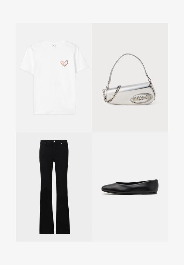 Witte katoenen t-shirt met een multikleurig hartontwerp op de linkerborst. Korte mouwen en een klassieke ronde hals.; Zwarte flared jeans van denim, met twee voorzakken, een knoopsluiting en een gladde textuur. Kenmerkende stiksels zichtbaar bij de naden.; Paul Smith TOPANGA - Ballerina's - black; Zilverkleurige metalen handtas met een afgeronde driehoekige vorm, voorzien van een logo, een kettingriem en een gladde textuur. Ritssluiting aan de zijkant.