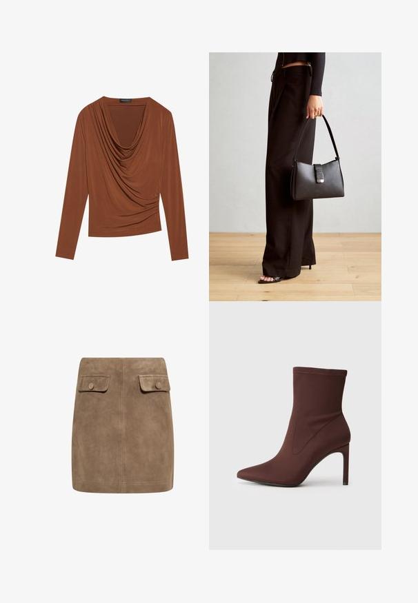 Langsleeve top in donkerbruin, met een gedrapeerde halslijn en geplooide zijkanten, gemaakt van soepel, rekbaar materiaal.; Bruine suède mini-jurk met een gladde textuur, voorzien van twee voorflapzakken en knoopsluitingen aan elke kant. Eenvoudig, recht ontwerp.; Bruine elastische stof enkellaars met spitse neus en 10 cm hoge stilettohak. Naaddetails aan de zijkanten, gladde textuur en geen zichtbare sluitingen.; Zwarte handtas met gestructureerde vorm, gladde textuur en een metalen sluiting. Gecombineerd met brede zwarte broeken en sandalen met open teen op een houten vloer.