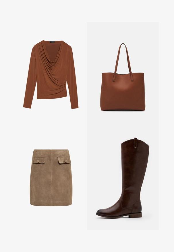 Langærmet top i mørkebrun, med en draperet halsudskæring og samlede sideløsninger, lavet af glat, strækbart stof.; Brun ruskind mini nederdel med en glat tekstur, der har to frontlommer med flap og knaplukninger på hver side. Enkel, lige design.; Brune knæhøje støvler lavet af glat læder, med rund tå, lav stablet hæl og et subtilt sømme mønster langs siderne.; Brun læder tote taske med en glat overflade, åben topdesign og to skulderremme. Har minimal syning og ingen synlig hardware.