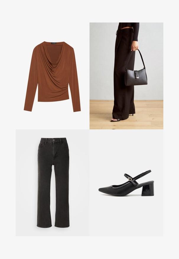 Long-sleeve top in dark brown, featuring a draped neckline and gathered side details, made from smooth, stretchy fabric.; Black wide-leg jeans made of denim, featuring a front button closure, belt loops, and five pockets with a slightly faded texture.; Black patent leather slingback heels with a pointed toe, a rounded cutout design, and a block heel. Features a gold-tone buckle accent.; Black handbag with structured shape, smooth texture, and a metallic clasp. Paired with wide black pants and open-toe sandals on wooden floor.