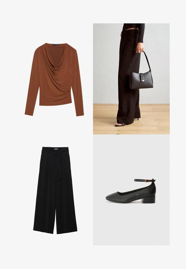Langsleeve top in donkerbruin, met een gedrapeerde halslijn en geplooide zijkanten, gemaakt van soepel, rekbaar materiaal.; Zwarte wijde broek van textuurstof, met een elastische tailleband en een afneembare sjaalstrik in de taille voor een verstelbare pasvorm.; Zwarte leren pump met een spitse neus en een lage blokhak. Beschikt over een enkelband met een goudkleurige gespsluiting. Gladde textuur.; Zwarte handtas met gestructureerde vorm, gladde textuur en een metalen sluiting. Gecombineerd met brede zwarte broeken en sandalen met open teen op een houten vloer.