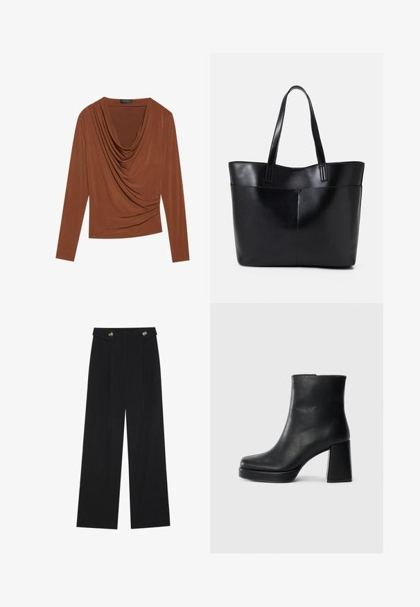Camisola de manga longa em castanho escuro, com um decote drapeado e detalhes franzidos nas laterais, feita de um tecido suave e elástico.; Calças largas pretas com cintura alta, detalhes em botão na cintura e pregas frontais.; Bota de couro preta até ao tornozelo com salto bloco e sola com plataforma, vista de lado sobre um fundo branco liso.; Bolsa tote preta em couro com duas alças longas, textura suave e forma estruturada. Apresenta um bolso frontal para armazenamento adicional.