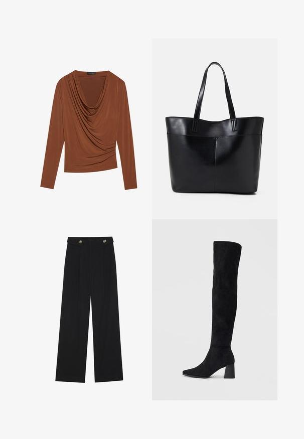 Dlouhý rukáv top v tmavě hnědé barvě, s drapovaným výstřihem a nabíranými bočními detaily, vyrobený z hladké, elastické tkaniny.; Černé široké kalhoty s vysokým pasem, detailní knoflíky na pase a přední záhyby.; Černé semišové vysoké boty s blokovým podpatkem, špičatou špičkou a hladkým, bezšvovým designem na jednoduchém světlém pozadí.; Černá kožená taška s dlouhými ušima, hladkým povrchem a strukturovaným tvarem. Obsahuje přední kapsu pro další úložný prostor.