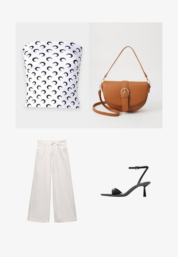 MARINE SERRE MOON PRINTED SECOND SKIN TUBE - Top - optical white; Džíny s širokými nohavicemi v bílé denimové barvě, s vysokým pasem, dvěma předními kapsami a zipem, doplněné jemnými stehovými detaily.; Bershka Sandály na vysokém podpatku - black; Hnědá kožená křížová taška s zakřiveným tvarem, zlatými detaily a akcentem s přezkou. Obsahuje odnímatelný popruh na rameno.