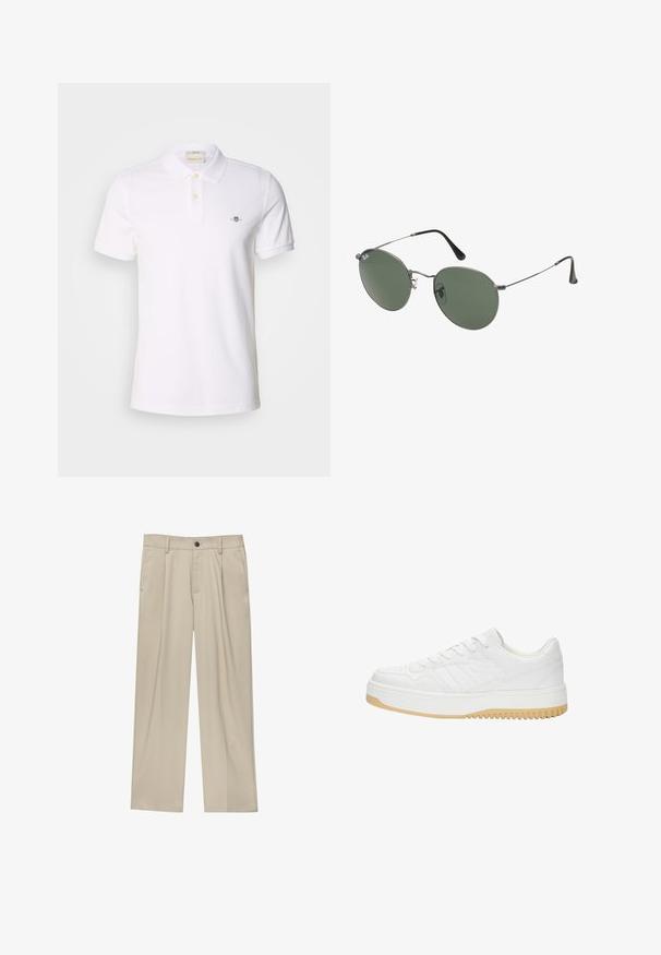 Witte polo t-shirt van katoen, met een twee knopen placket, korte mouwen met opgerolde manchetten en een klein geborduurd logo op de borst.; Beige broek met een rechte snit, voorzien van een enkele zwarte knoop, riemlussen en zijzakken. Glad stoffen textuur en een minimalistisch ontwerp.; Witte leren sneaker met een gematteerde afwerking, met een rubberen zool, vetersluiting en subtiele streepaccenten aan de zijkanten.; Metalen zonnebril met ovale groene lenzen. Dunne zilveren metalen rand en zwarte oorstoppers. Minimalistisch ontwerp, zonder zichtbare logo's.