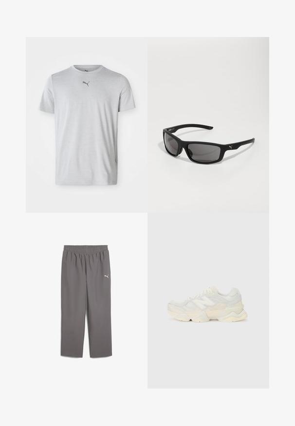 Svijetlosiva sportska majica od mekog materijala. Ima kratke rukave i okrugli izrez, s malim crnim Puma logotipom na prsima.; Sive trenirke od lagane tkanine s elastičnim pojasom. Imaju mali bijeli logo na lijevoj nozi.; Lagana tenisica s gornjim dijelom od mrežice i antilopa u blagim krem tonovima, srobustnom potplatom i trodimenzionalnim detaljima.; Crne sunčane naočale s mat završetkom, pravokutnim lećama i istaknutim logotipom na sljepoočnici. Polarizirane leće, UV zaštita.