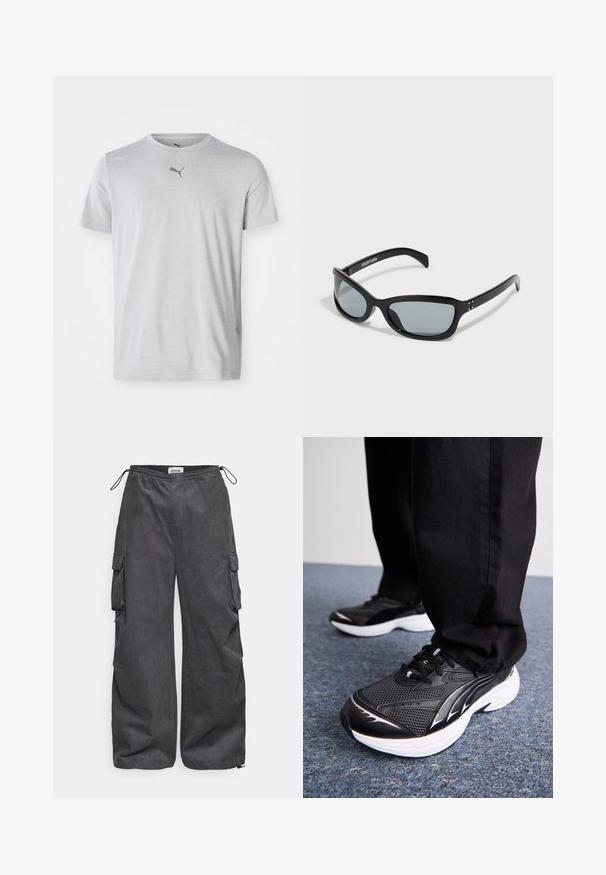 Világosszürke sportpóló, puha anyagból készült. Rövid ujjú és kerek nyakkivágással rendelkezik, a mellrészen egy kis fekete Puma logó található.; Szürke cargo nadrág, texturált anyagból készült, rugalmas derékrésszel, zsinórral és oldalsó zsebekkel. Laza szabású, széles lábakkal.; Fekete sportcipők hálós anyagból, fehér talppal és fekete részletekkel. A talpa textúrázott. Fekete nadrággal viselve, kék szőnyegen.; Fekete napszemüveg, letisztult, szögletes dizájnnal. Szürke lencsék és fényes műanyag keret jellemzi. Kis fém kiegészítők és márkajelzés található a szárán.