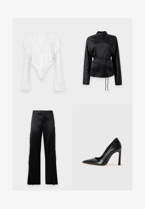 White lace bodysuit featuring a deep V-neck, ruffled shoulders, and bell sleeves. The fabric has a floral pattern and a fitted shape.; Black satin long-sleeve shirt with a high collar, cinched waist, and adjustable drawstring detail. Smooth texture with a sleek finish.; Black satin pants with wide legs, featuring fringe details along the side seams and a flat front waistband. Plain back without pockets.; Black pointed-toe high heel shoe with a crocodile-skin texture, featuring a sleek design, high stiletto heel, and smooth black interior.