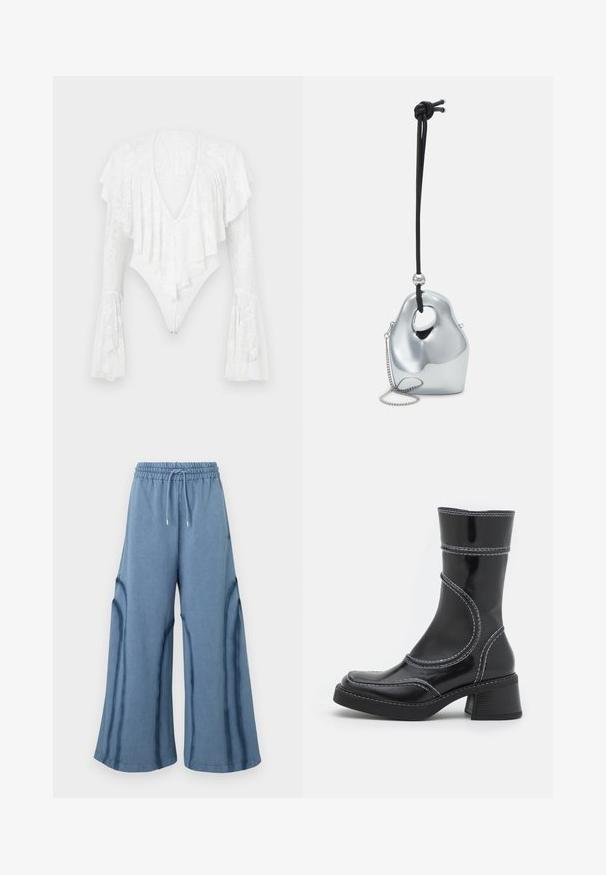Bodysuit bianco in pizzo con scollo a V profondo, spalle arricciate e maniche a campana. Il tessuto presenta un motivo floreale e una linea aderente.; Pantaloni larghi blu con cintura elastica e cordoncino, caratterizzati da dettagli delle cuciture lungo le gambe.; Stivale alla caviglia in pelle verniciata nera con cuciture bianche, punta arrotondata e tacco a blocco. Presenta linee di design curve e una texture liscia.; Borsa a mano metallica argento con una forma unica, liscia e organica. Presenta una tracolla in corda nera e una piccola catena per opzioni di trasporto versatili.