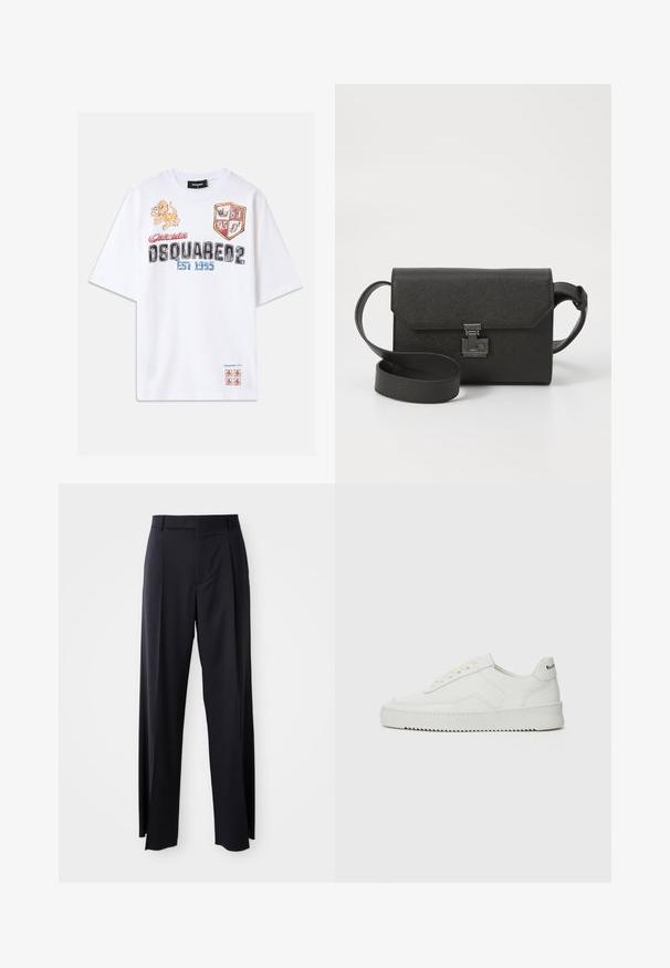 Camiseta blanca de algodón con gráficos coloridos, que incluyen un león, escudos y texto. Corte holgado con mangas cortas. Detalles en rojo y azul.; Pantalones negros de tiro alto con corte de pierna ancha, confeccionados en una tela suave. Presenta pliegues en la parte delantera y trabillas para cinturón. Diseño minimalista, sin hardware visible.; Zapatilla de cuero blanca con un acabado suave, puntera redonda, cordones planos y suela texturizada. Cuenta con un sutil logo en el talón.; Bolso bandolera de cuero negro con acabado texturizado, cierre de solapa, herrajes metálicos y correa ajustable a juego.