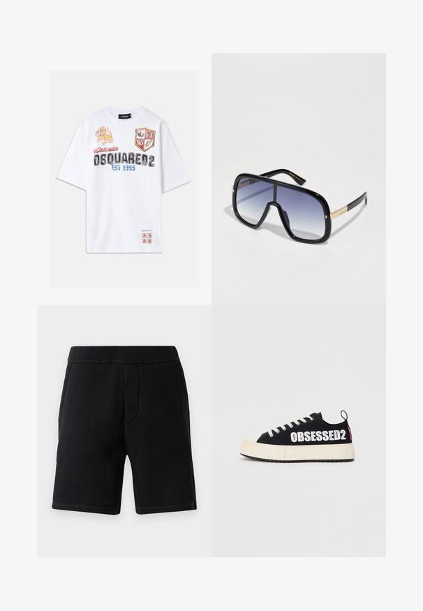 Camiseta blanca de algodón con gráficos coloridos, que incluyen un león, escudos y texto. Corte holgado con mangas cortas. Detalles en rojo y azul.; Shorts deportivos negros hechos de material suave; cuentan con una cinturilla elástica, dos bolsillos laterales y costuras en contraste.; Zapatillas de lona negras con el texto blanco "OBSESSED2", suela de goma crema, cordones planos y una lengüeta trasera. Vista lateral mostrada.; Gafas de sol negras de gran tamaño con lentes púrpuras degradados, acabado brillante y detalles dorados en las patillas. Forma de marco rectangular.