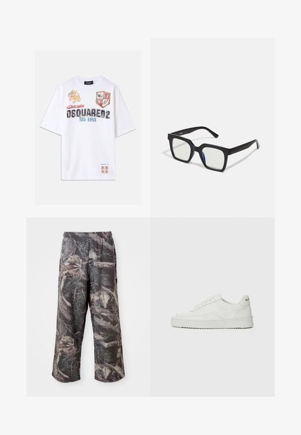 Bela bombažna majica z barvitimi grafikami, vključno z levom, ščiti in besedilom. Ohlapen kroj s kratkimi rokavi. Dodatki v rdeči in modri barvi.; Hlače širokega kroja z vojaškim vzorcem v umirjenem sivem in rjavem barvnem spektru, z elastičnim pasom in sproščenim krojem za povečanje udobja in mobilnosti.; Bela usnjena športna obutev z gladko površino, okroglo prst, ravne vezalke in teksturiran podplat. Ima diskretno logo na peti.; Črne sončne očala s mat končno obdelavo, ki imajo prozorne leče z rahlo modrim odtenkom na eni strani. Močna, angleska zasnova.