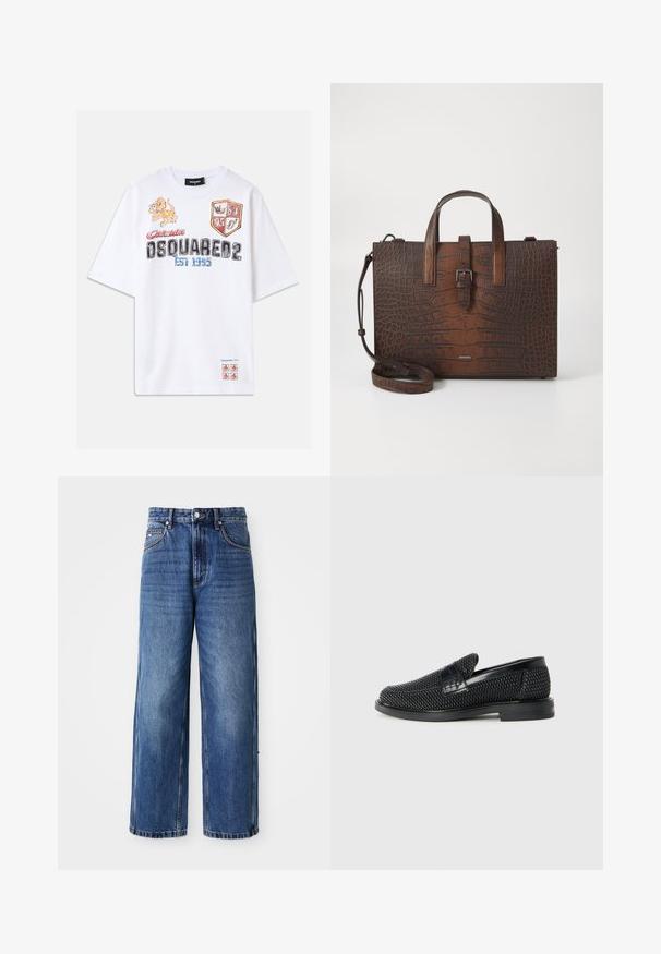 Valge puuvillane T-särk, millel on värvikad graafilised kujutised, sealhulgas lõvi, kilbid ja tekst. Lahtine nii, et varrukad on lühikesed. Accentideks punased ja sinised toonid.; Sinine teksariidest laiade jalgevahedega püksid kõrge vöökohaga, nähtava õmblusega, esitnööpide sulguriga ja lõdva istuvusega, millel on pleekinud pesu ja küljetaskud.; Must musta kootud slip-on king, millel on pehme nahast accent ülaserval, ümmargune varvas ja madal profiiliga kummitald.; Pruun krokodillimustriga nahk käekott, millel on ülemised käepidemed ja eemaldatav õlavarrepant. Omab klambri sulgemist ja ristkülikukujulist vormi.