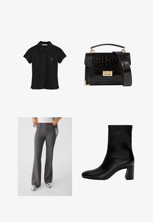 Czarna koszulka polo z kołnierzykiem, krótkimi rękawami, pięcioma guzikami, bocznymi rozcięciami oraz białym wyszywanym logo na piersi.; Szare spodnie w fasonie dzwonów wykonane z teksturowanej tkaniny, z dwoma guzikami z przodu i szlufkami na pasek, w połączeniu z błyszczącymi srebrnymi sneakerami.; Czarny botek na kostkę wykonany z gładkiej skóry. Posiada kwadratowy czubek, elastyczny górny brzeg oraz masywny obcas zapewniający stabilność. Minimalistyczny design.; Czarna torebka na ramię z lakierowanej skóry licowej o fakturze krokodyla, ze złotymi akcesoriami, górną rączką oraz odczepianym paskiem na ramię. Prostokątny kształt z klapką.