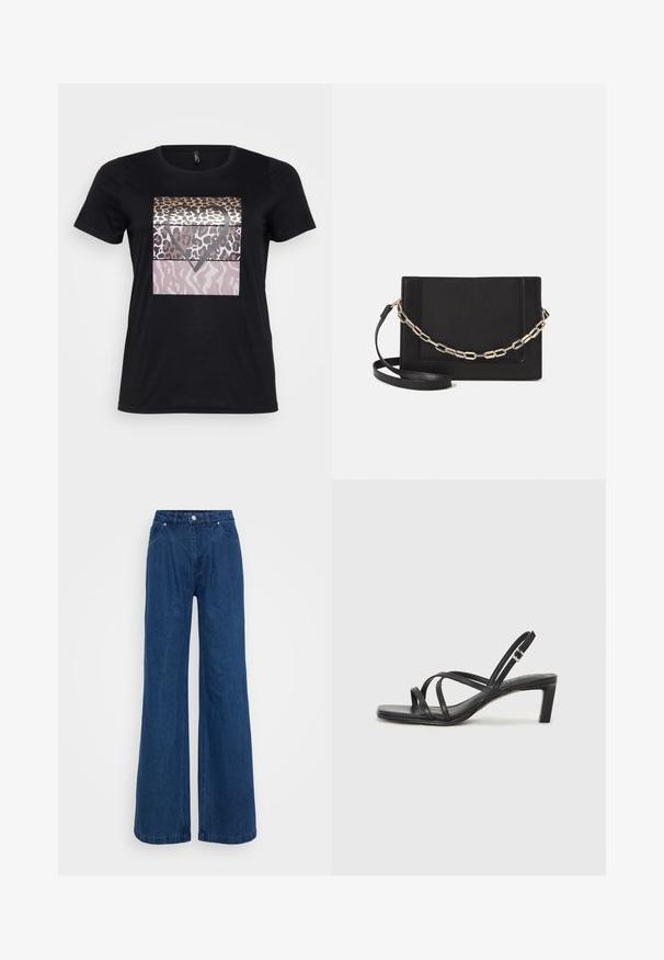 Schwarzes Baumwoll-T-Shirt mit einem grafischen Design aus Leopardenprints und einer Herzform in Gold-, Braun- und Rosatönen. Mit kurzen Ärmeln.; Weite blaue Jeans mit hoher Taille, vorderem Knopf- und Reißverschlussverschluss sowie Vorder- und Hintertaschen vor einem schlichten Hintergrund.; Schwarze Sandale mit Riemchen, quadratischer Zehenform und niedrigem Blockabsatz. Verfügt über mehrere dünne Riemen und einen verstellbaren Knöchelriemen. Hergestellt aus glattem Leder.; Schwarze Leder-Crossbody-Tasche mit glatter Textur, rechteckiger Form und metallic-kettendetail auf der Vorderseite. Verstellbarer Gurt inklusive.