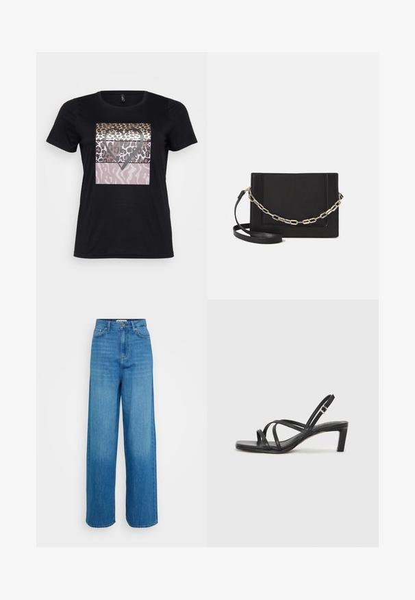 T-shirt nera in cotone con un design grafico caratterizzato da macchie di leopardato e una forma a cuore in tonalità di oro, marrone e rosa. Maniche corte.; Jeans a vita alta blue in denim ampio con chiusura frontale a bottoni e zip, tasche anteriori e posteriori, e orli cuciti su uno sfondo bianco.; Sandalo nero con cinturini, dalla punta squadrata e tacco basso a blocco. Presenta diversi cinturini sottili e una cinturini regolabile alla caviglia. Realizzato in pelle liscia.; Borsa a tracolla nera in pelle con una texture liscia, forma rettangolare e dettaglio in catena metallica sul davanti. Inclusa una tracolla regolabile.; Anello doppio in argento con superficie liscia e lucida. Presenta un design fluido e curvo con sezioni sovrapposte per un aspetto moderno.