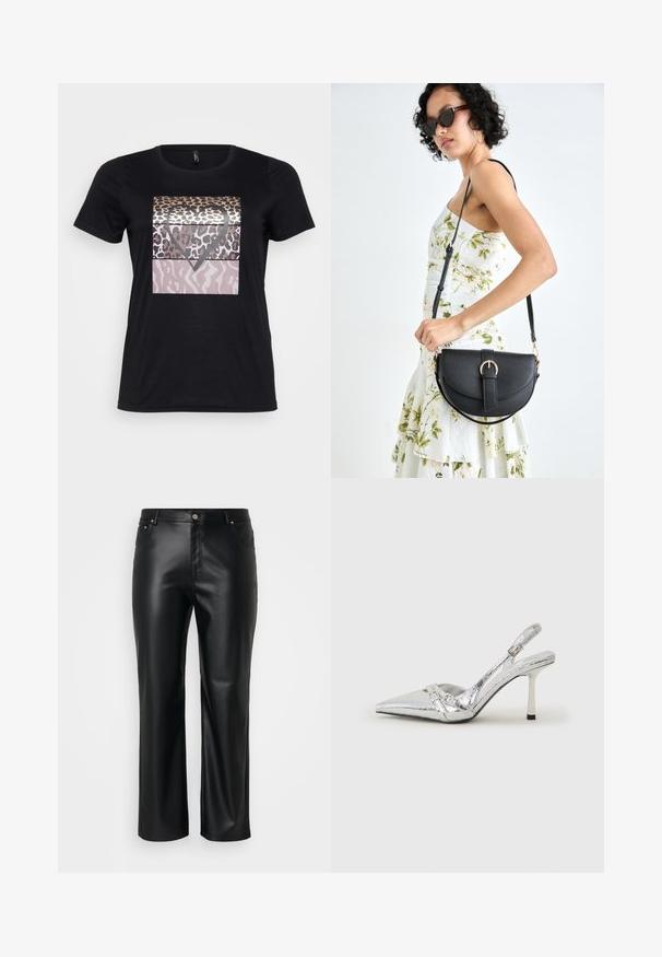 Čierne bavlnené tričko s krátkymi rukávmi s grafickým dizajnom z leopardích vzorov a srdcotvarom v odtieňoch zlata, hnedej a ružovej.; Čierne nohavice z imitácie kože so strihom do priamky, vybavené pútkami na opasok, prednými vreckami a zipsom s gombíkovým zapínaním. Hladká textúra.; Strieborné slingback lodičky na vysokom opätku s špicatou špičkou, metalickým povrchom, dvoma dekoratívnymi pruhmi a štíhlym opätkom s čiernym hrotom.; Čierna kožená kabelka s zaobleným tvarom, odnímateľným popruhom a zlatými doplnkami. Kabelka má klopu s detailom s prackou.